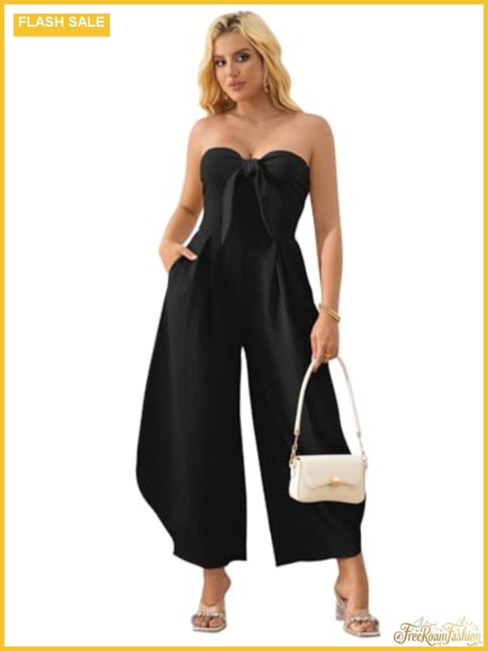 Strapless Wide Leg Jumpsuit Women Dressy Romper Pockets Smocked Back